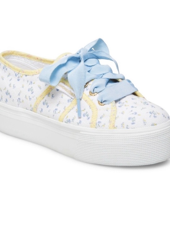 LoveShackFancy Shoes - LoveShackFancy x Superga White Floral Platform Sneaker with Pale Blue Ribbon